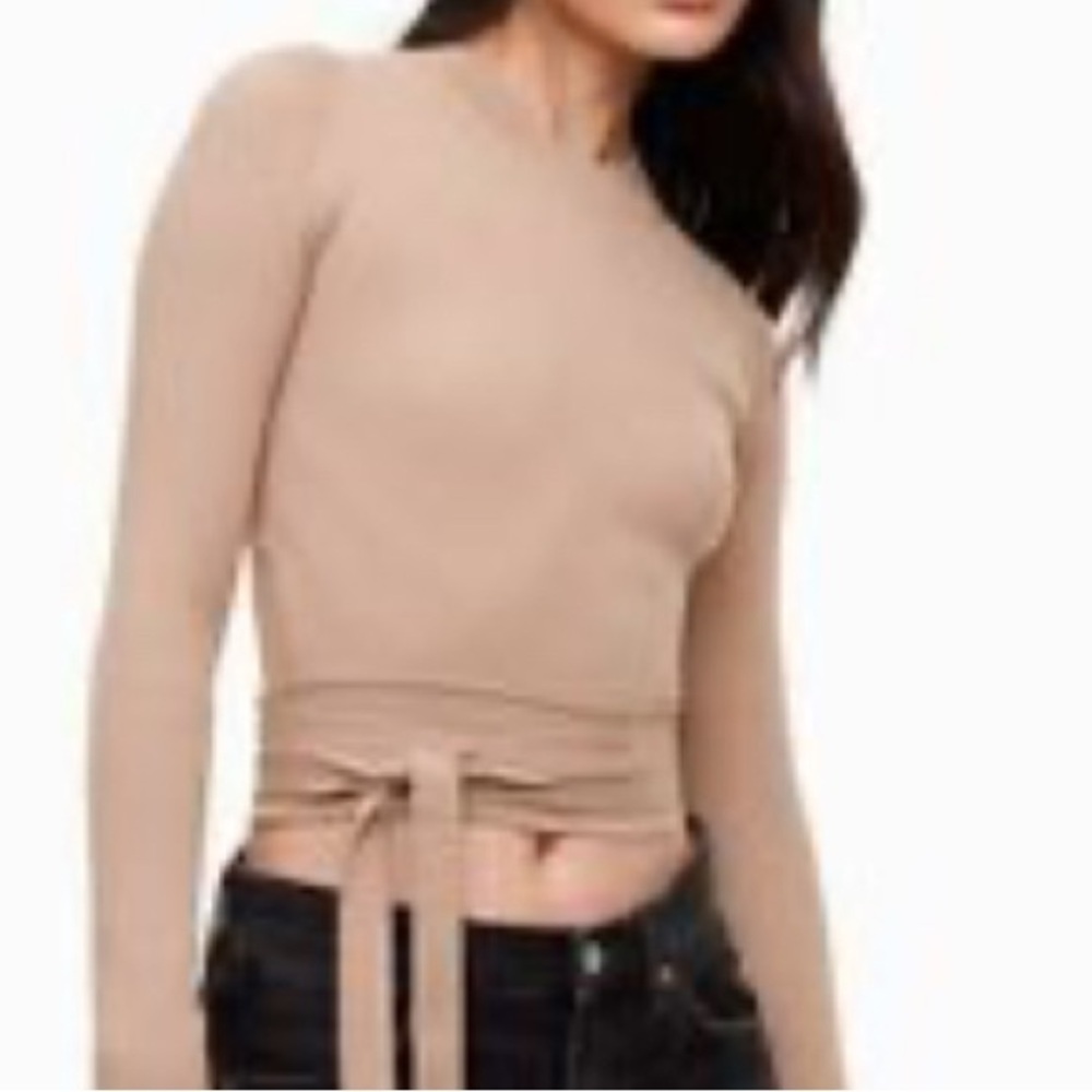 MABLE Mock Neck Wool Mix Lightweight Fitted Cut out Sweater w/Tie at Back, sm/xs